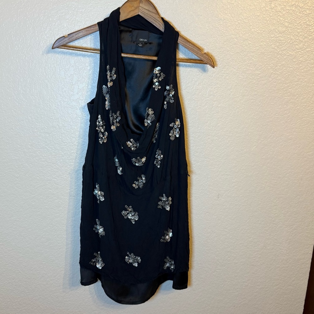 Greylin Black Dress with Silver Floral Sequin Embellishments